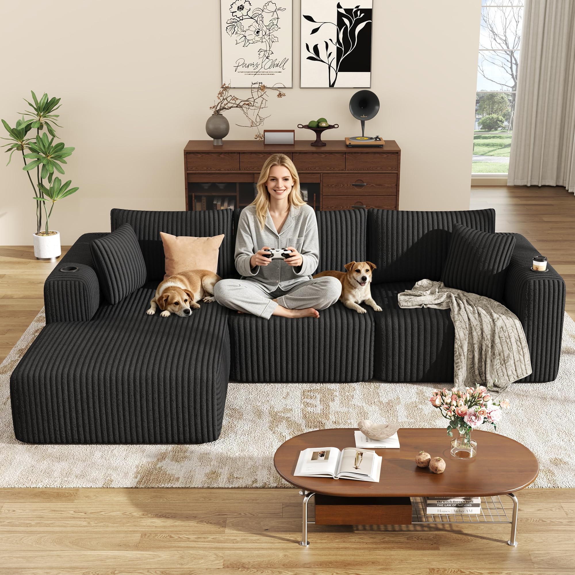 DURASPACE Canapé L 275cm Velours côtelé Mousse mémoire avec Porte-gobelet