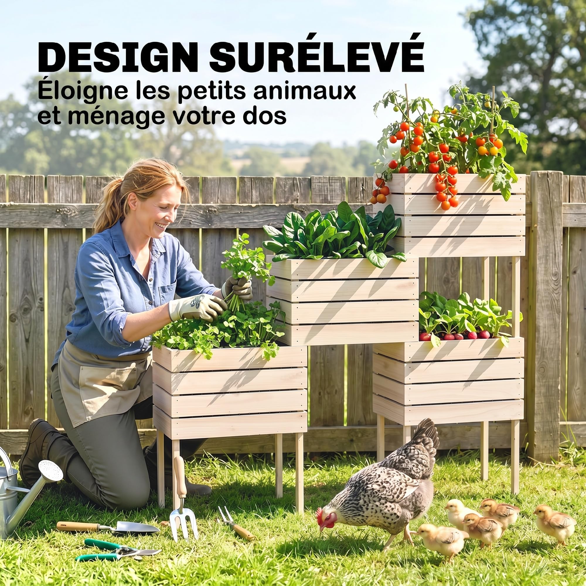 Outsunny Jardinières sur Pieds carrés potagers 50L x 30l x 60H cm Naturel | Lot de 4, Jardinières sur Pied Modulables, Inserts d'Irrigation, Film Protecteur, Bois Sapin, Pot Balcon