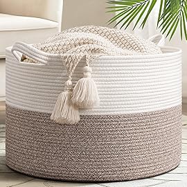 Goodpick Blanket Basket, Living Room Decor,19.7x19.7x12.6 Cotton Rope Basket for Decor, Dorm Room Essentials, Baby Toy Storage