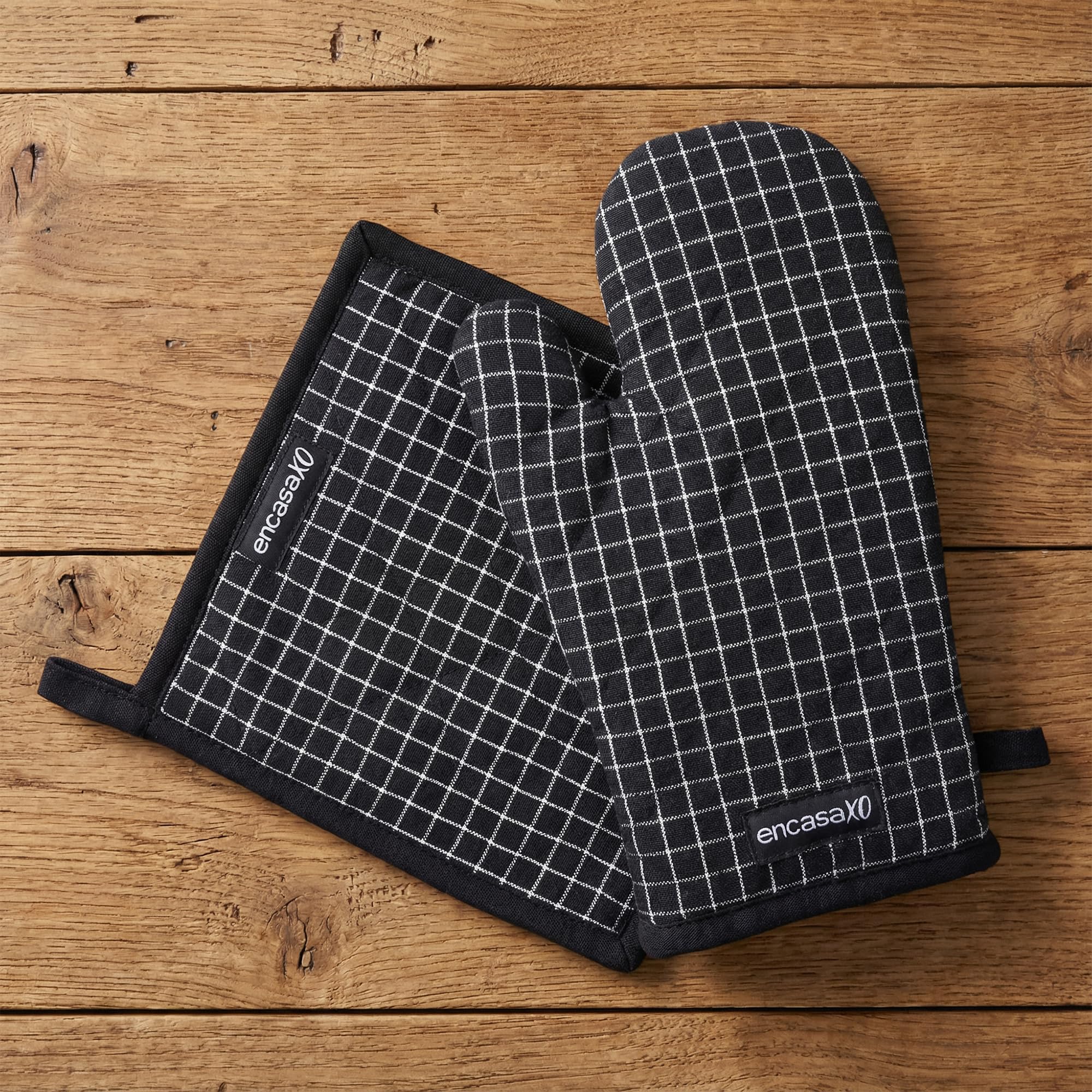 Encasa XO Heat Resistant 100% Cotton Oven Glove & Potholder Set with Loop, Kitchen Cooking Mittens, Microwave Safe Hot Pads - Butcher Checks Black, 18x30 cm, (Pack of 2)