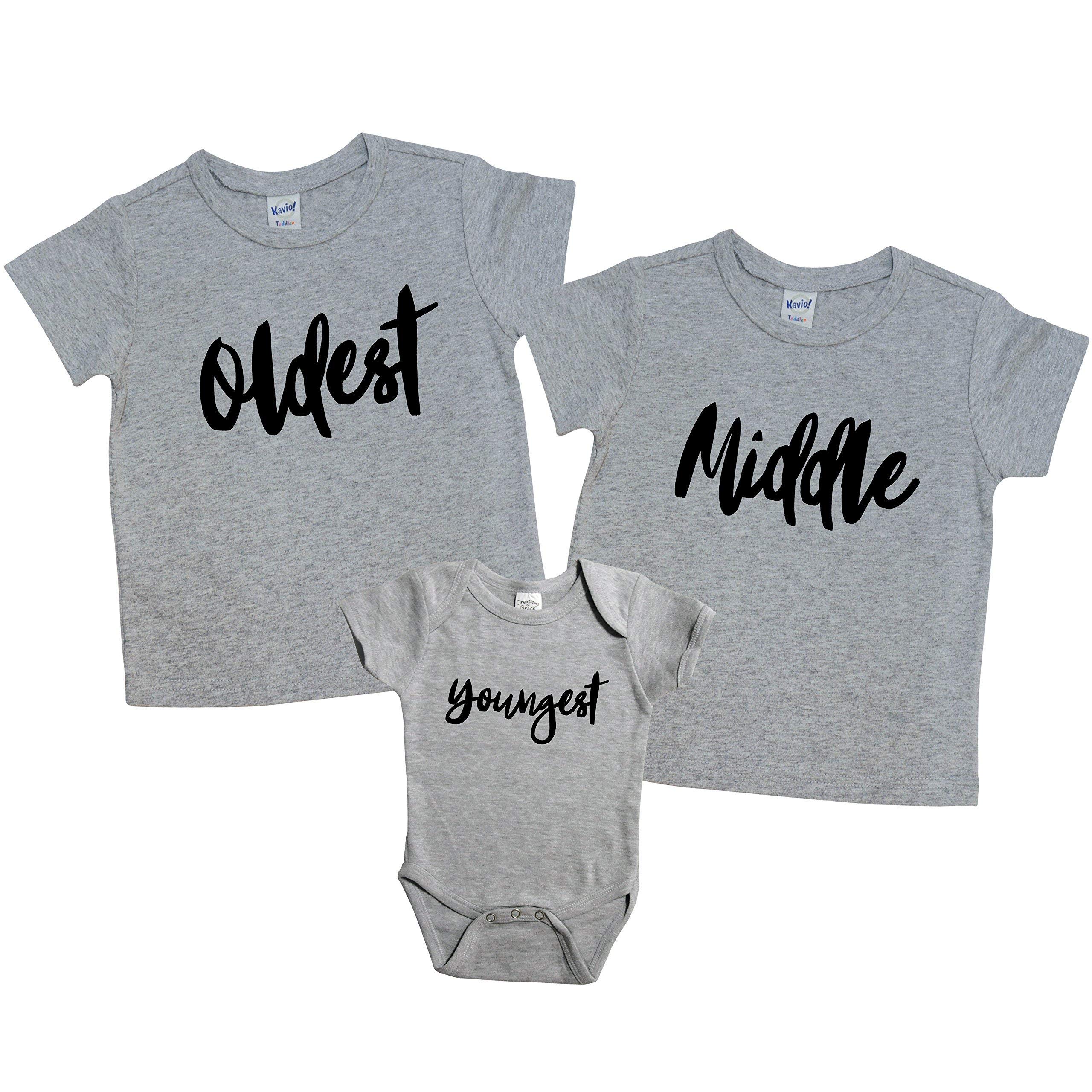 Sibling Shirts for 3 Kids, Oldest Middle and Youngest Shirts Matching, Big Brother Big Sister Little Brother Little Sister Shirt, New Baby Gift, Grey Tshirt and Bodysuit Set 450