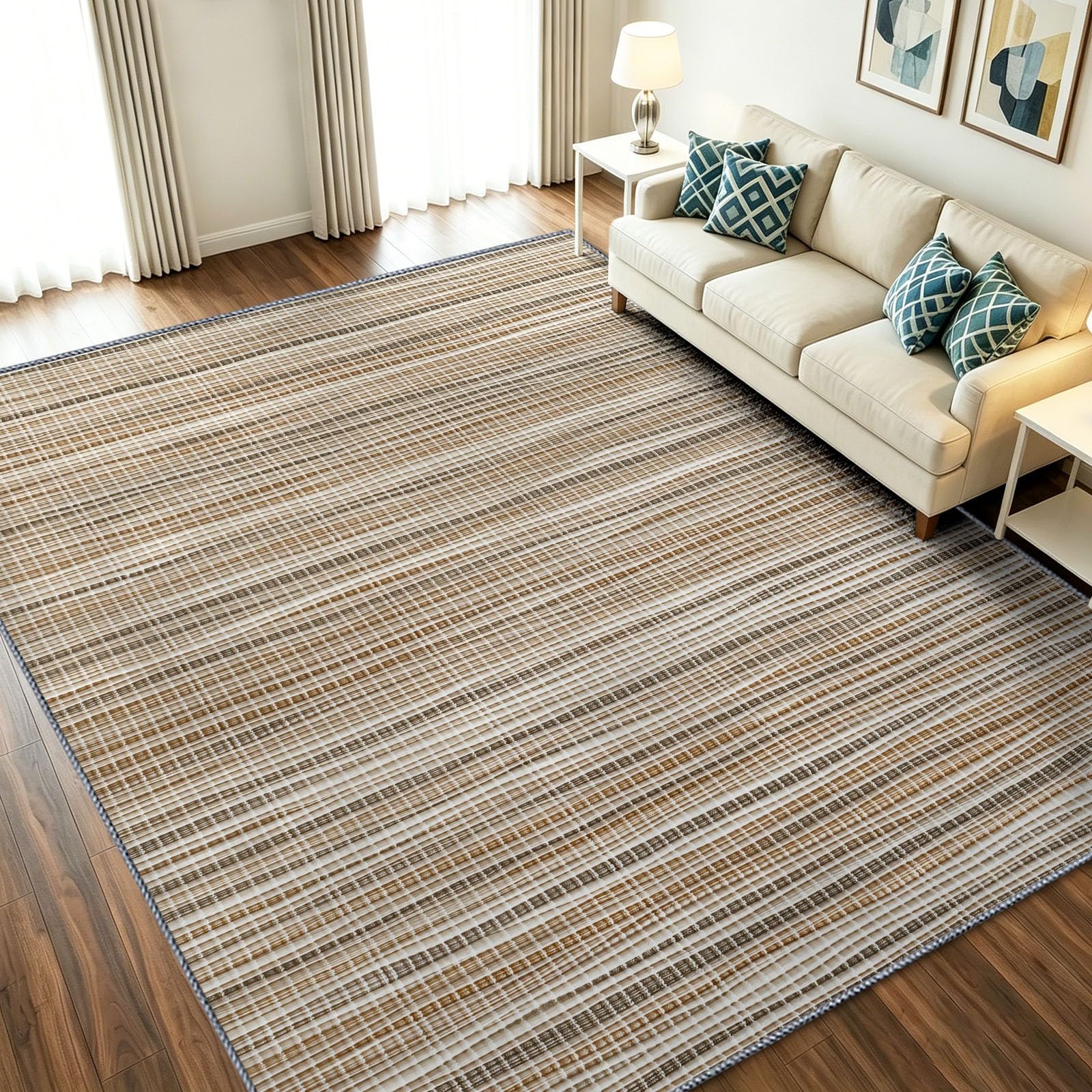 Alfombra interior de 60 x 90 cm moderna de pelo corto marrón con líneas