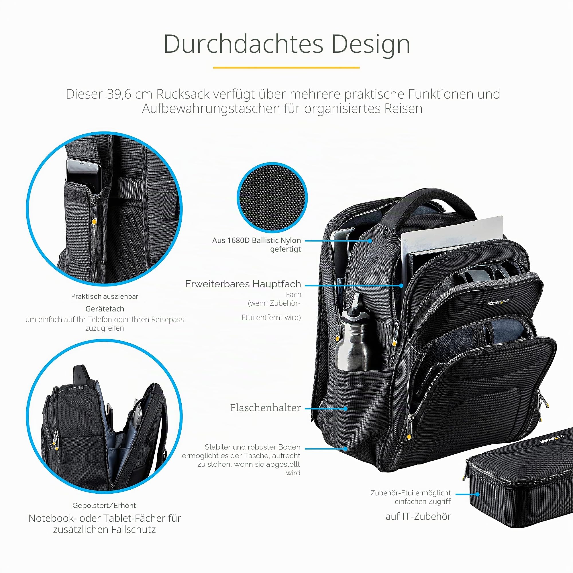 StarTech.comaptop Rucksack mit Abnehmbarer Zubehörtasche - Ergonomischer IT Rucksack für IT Techniker/Profi - Robuster Notebook/Rucksack - Gepolsterter Business Rucksack (NTBKBAG156) 17.3" – Bild 4