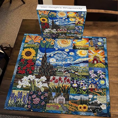 Miniatura 7 de PICKFORU Van Gogh's Rhapsody - Rompecabezas para adultos de 1000 piezas, rompecabezas artísticos de flores de noche estrellada, temática de pintura