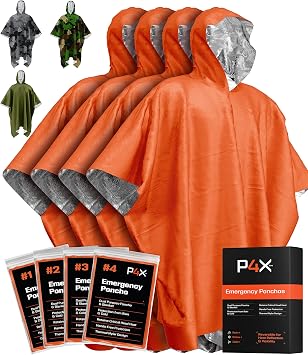 PREPARED4X Emergency Mylar Poncho Survival Rain Poncho with Hood Lightweight, Compact, Reusable Emergency Blanket Poncho for Hiking, Camping, Thermal Gear, Car Kit, Outdoors