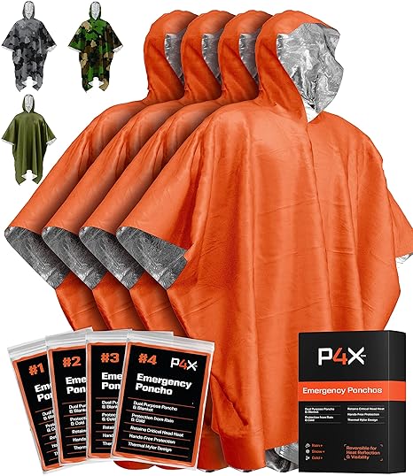 Emergency Blankets & Rain Poncho Hybrid Survival Gear and Equipment  Tough, Waterproof Camping Gear Outdoor Blanket  4 Pack