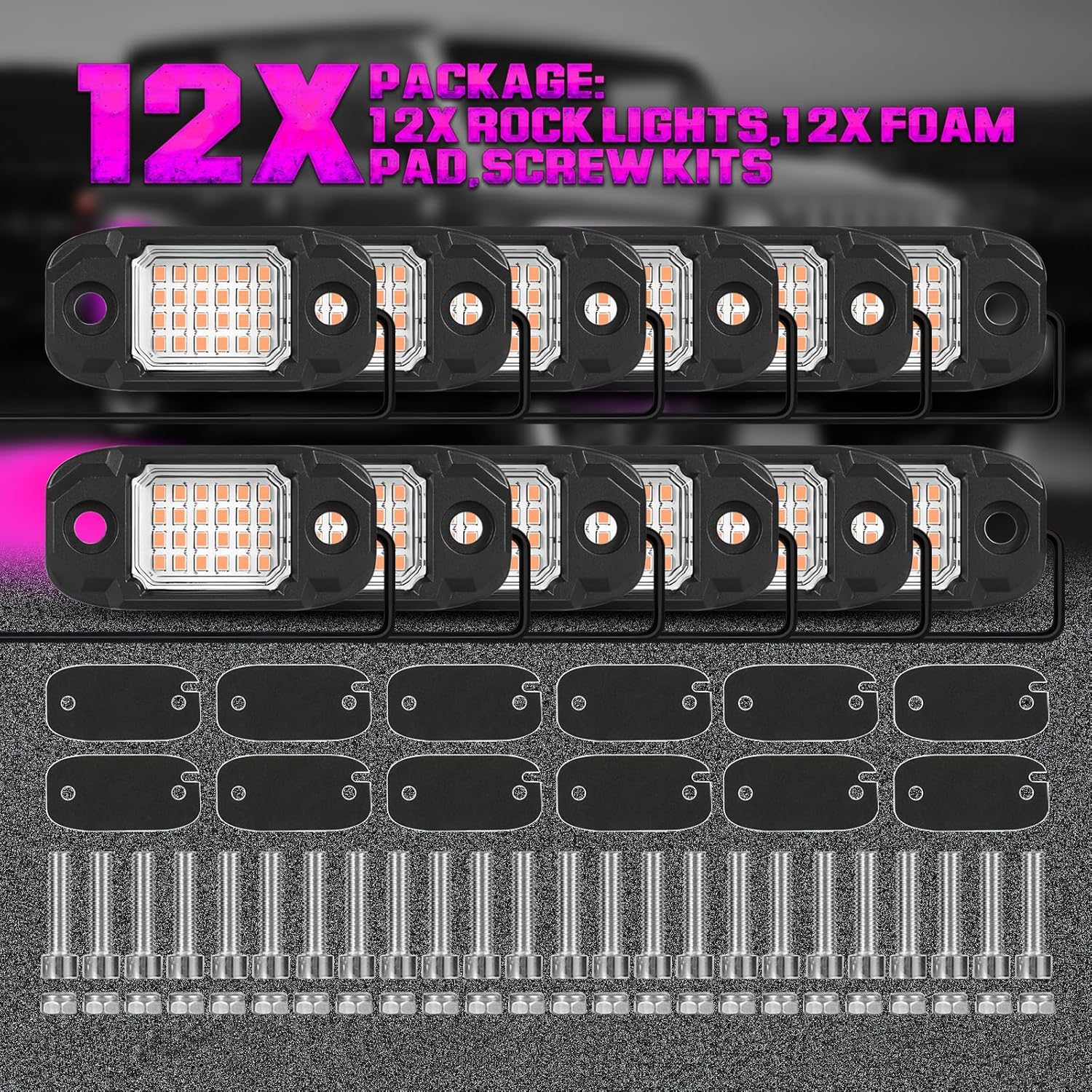 12Pods LED Rock Lights Purple 24led Chips Waterproof Neon Underglow Lighting Kit for Trucks SUV ATV Car