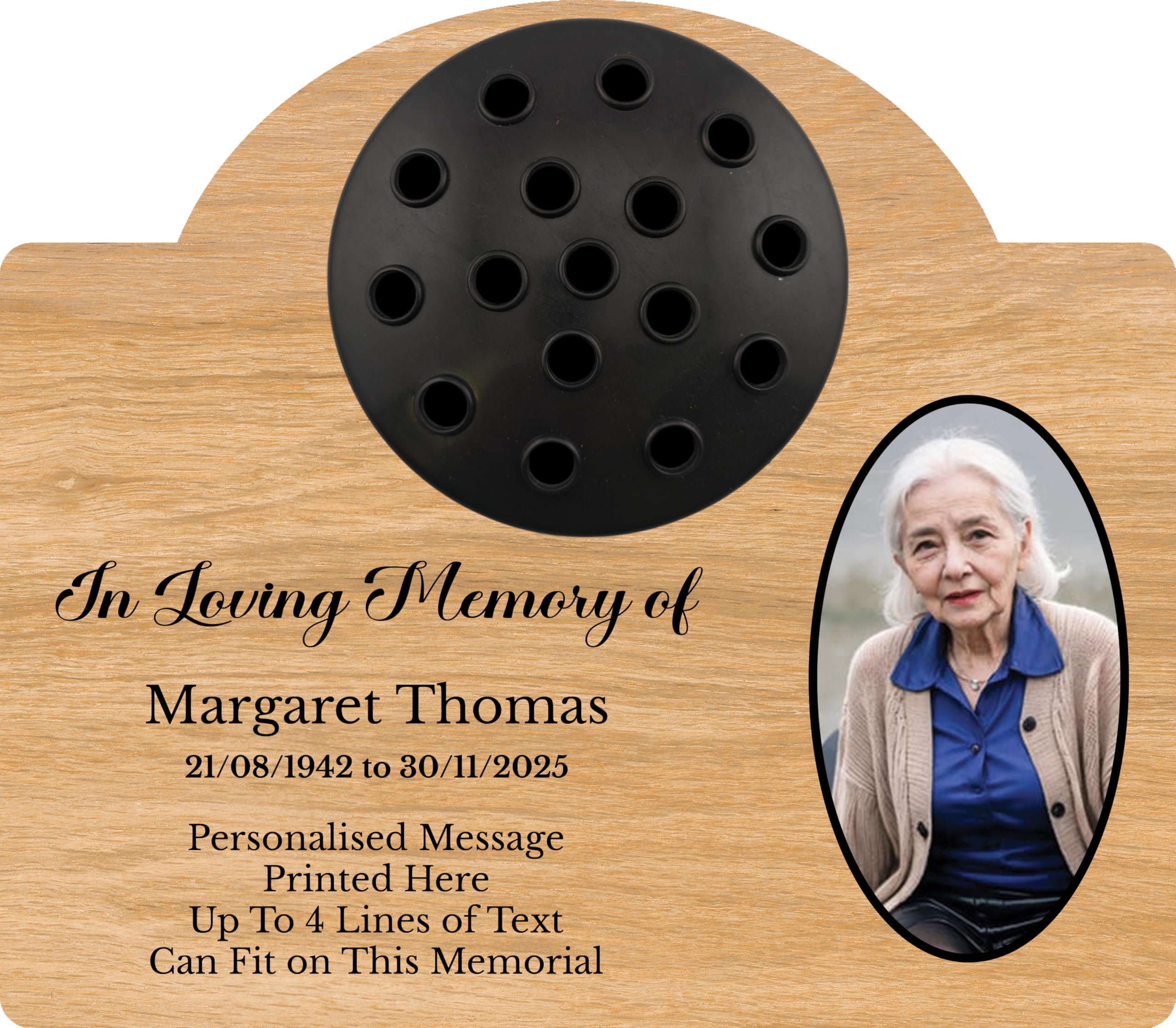 1stclassgifts Personalised Metal Grave Stone Marker Headstone Memorial Plaque, In Memory Sign Remembrance Your Photo Grave Vase Flower Holder (UV PRINTED) (Light Wood, Black Lid) โ image 1