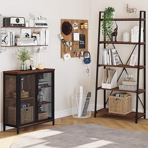 BON AUGURE Estantería de escalera y armario rústico de barra de café para licor, juego de muebles de madera y metal para sala de estar, cocina,