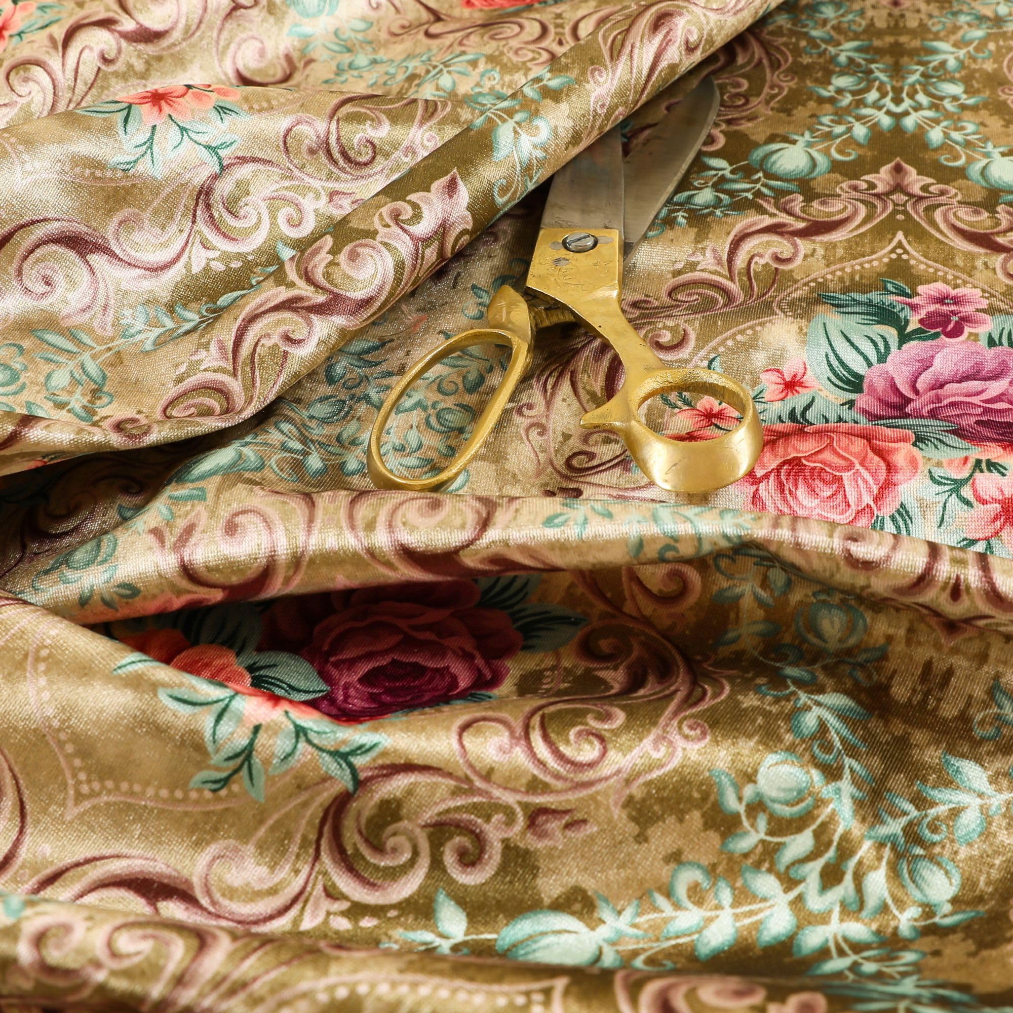 Redbrick Mill Fabrics Flame Retardant Quality Shiny Floral Printed Pattern Gold Velvet Upholstery Furnishing Fabric (Per Metre) — image 1