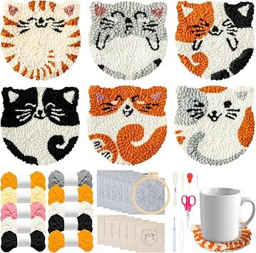 WATINC Cats Punch Needle Coaster Kit - 22Pcs Easy Art Work Decor Craft Supply for Beginners, DIY Set of 6 Puppy Pets Pattern Tufted Rug Pads with Adhesive Felt Yarns Embroidery Hoop Tools Instruction