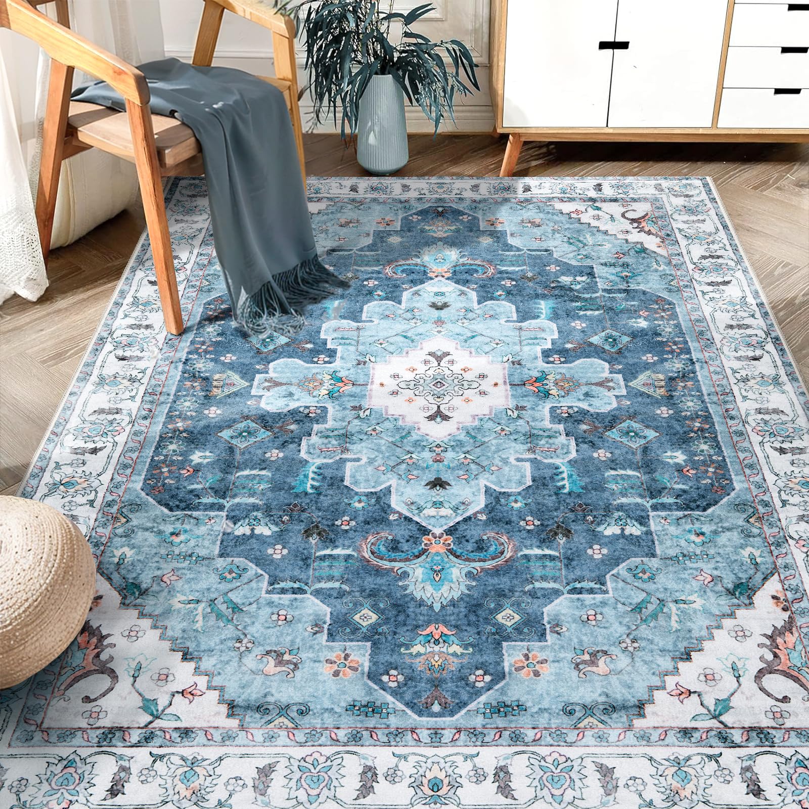 SERISSA Boho Area Rug 5x7 Blue, Washable Large Rugs for Living Room, Ultra Soft Non-Slip Bedroom Rug Print Distressed Vintage Oriental Farmhouse