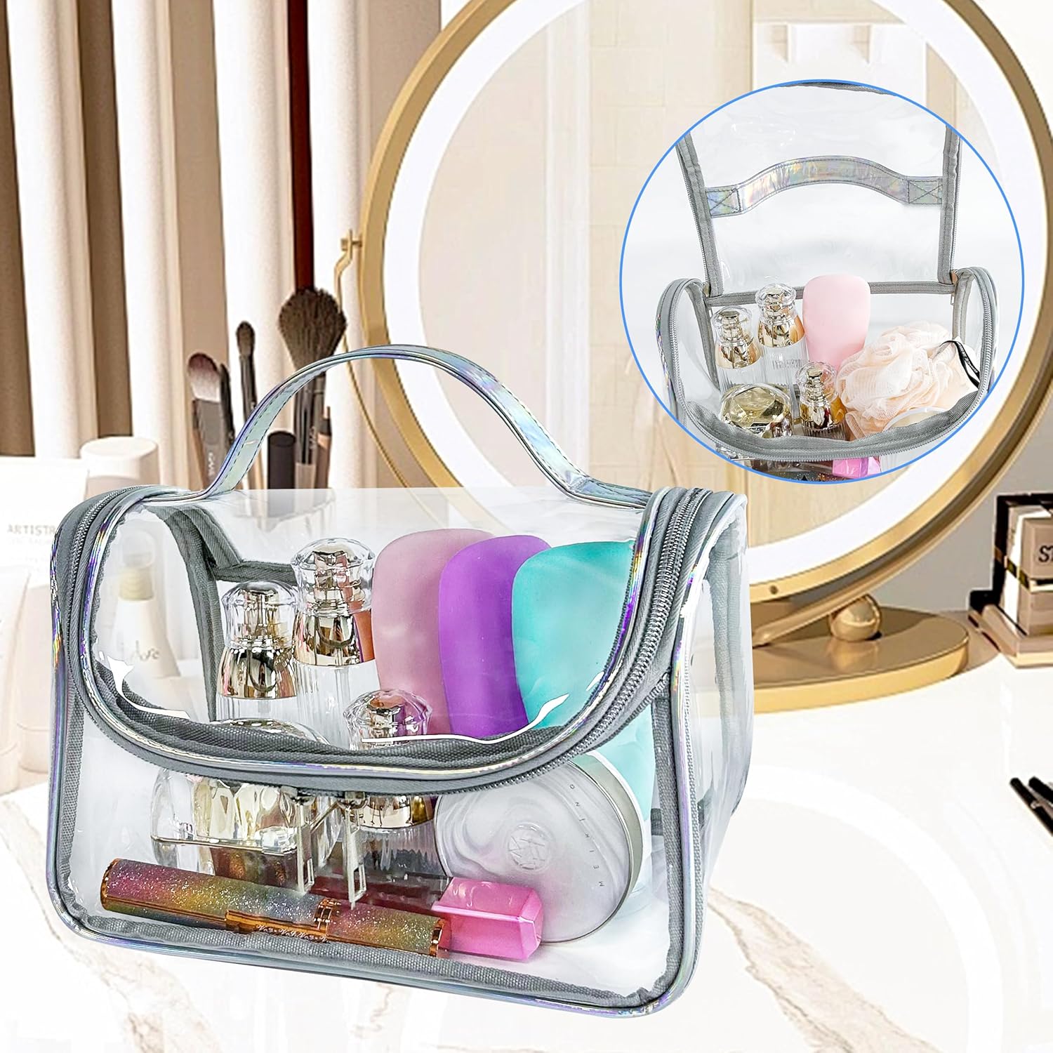 Heavy Duty Clear Travel Makeup Bag, 9.05 x 5.9 x 5.51 inches, Transparent Waterproof Toiletry Organizer with Handle PVC Cosmetic Wash Bath Storage Bag (Clear) - Image 4