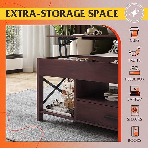 Miniatura 7 de WLIVE Mesa auxiliar elevable, mesa auxiliar de 39 pulgadas con cajones de almacenamiento, compartimento oculto, mesa central de madera para sala de