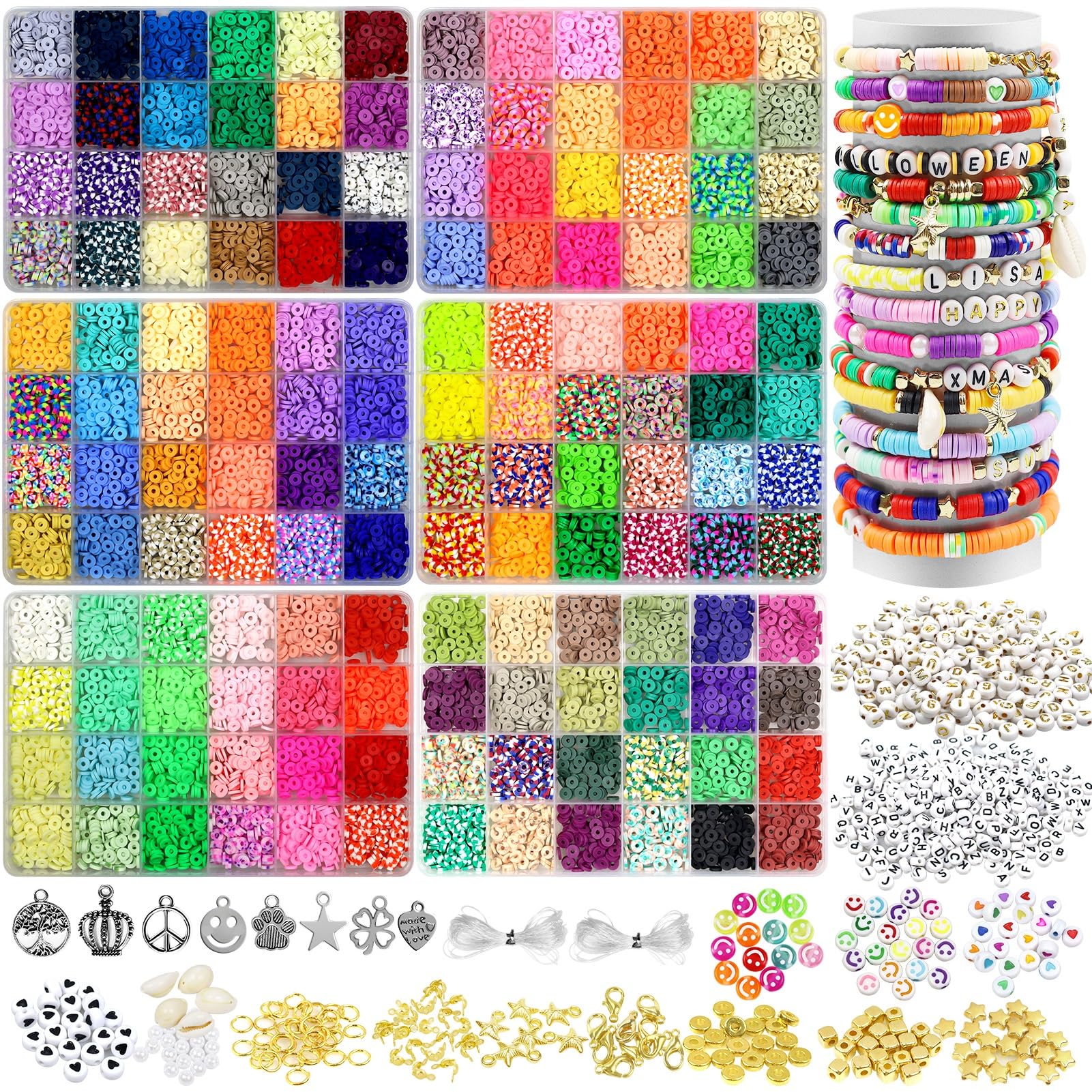 BIBOKLTIY 15000Piezas 144 Colores Abalorios para Hacer Pulseras, 6mm Cuentas de Arcilla Polimérica, Cuentas Planas con Letras para DIY Joyas Pulseras Manualidad