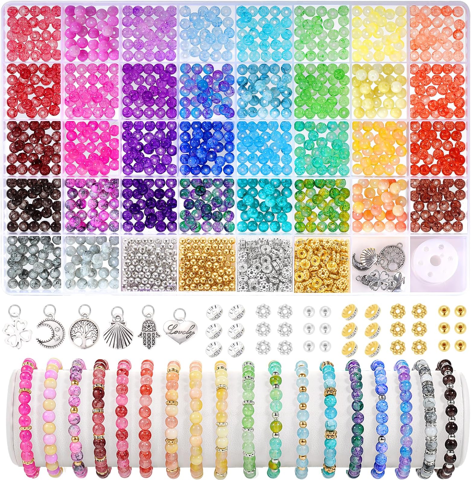 6mm Glass Beads for Jewelry Making, 1396pcs Ink Patterns Crystal Beads for Bracelets, Funtopia 34 Colors Round Glass Beads Kits for Necklace DIY Earrings Crafts with Spacer Beads and Charms