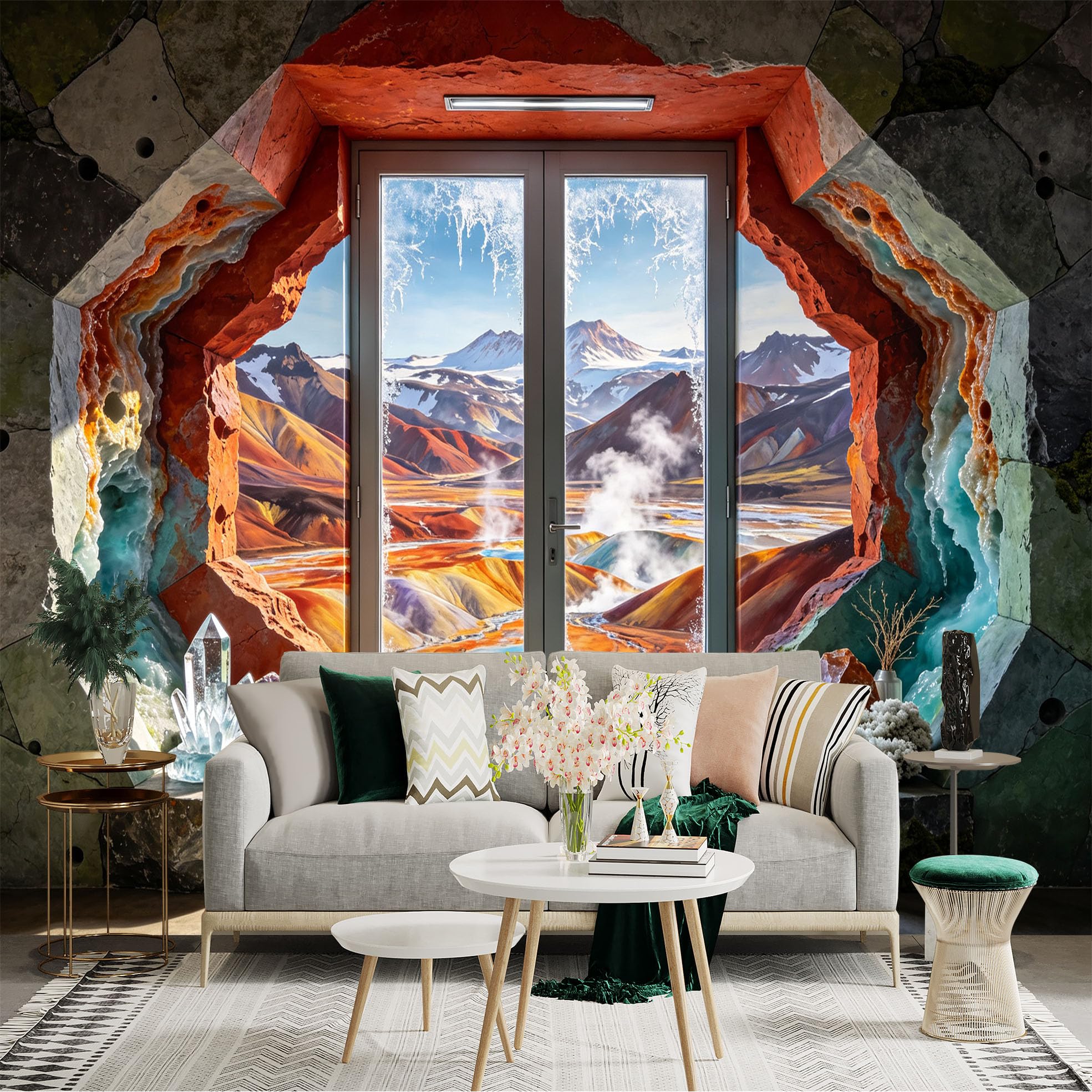 Custom Size Wall Sticker Mural， Fantasy Mountain Landscape， Crystal Cave and Scenic Valley， for wall Decoration， peelandstick wall Decals.