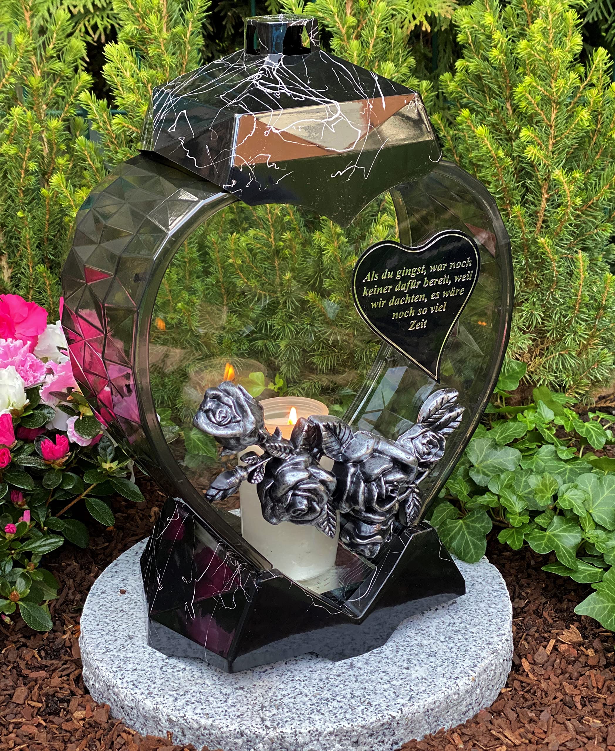 Garten Paradies Handmade Grablampe Laterne Herz Form mit Beschriftung NEU - Grablicht Kerze Grabkerze Grabdekoration 33 cm H.! Neue Model incl. Kerze, Schwarz Marmor Efekt / Handgemalt, HERZ-3