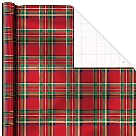 Hallmark Foil Christmas Wrapping Paper with Cut Lines on Reverse (3 Rolls: 60 sq. ft. ttl) Plaid Snowflakes, Snowmen, Red, Green and Blue Plaid