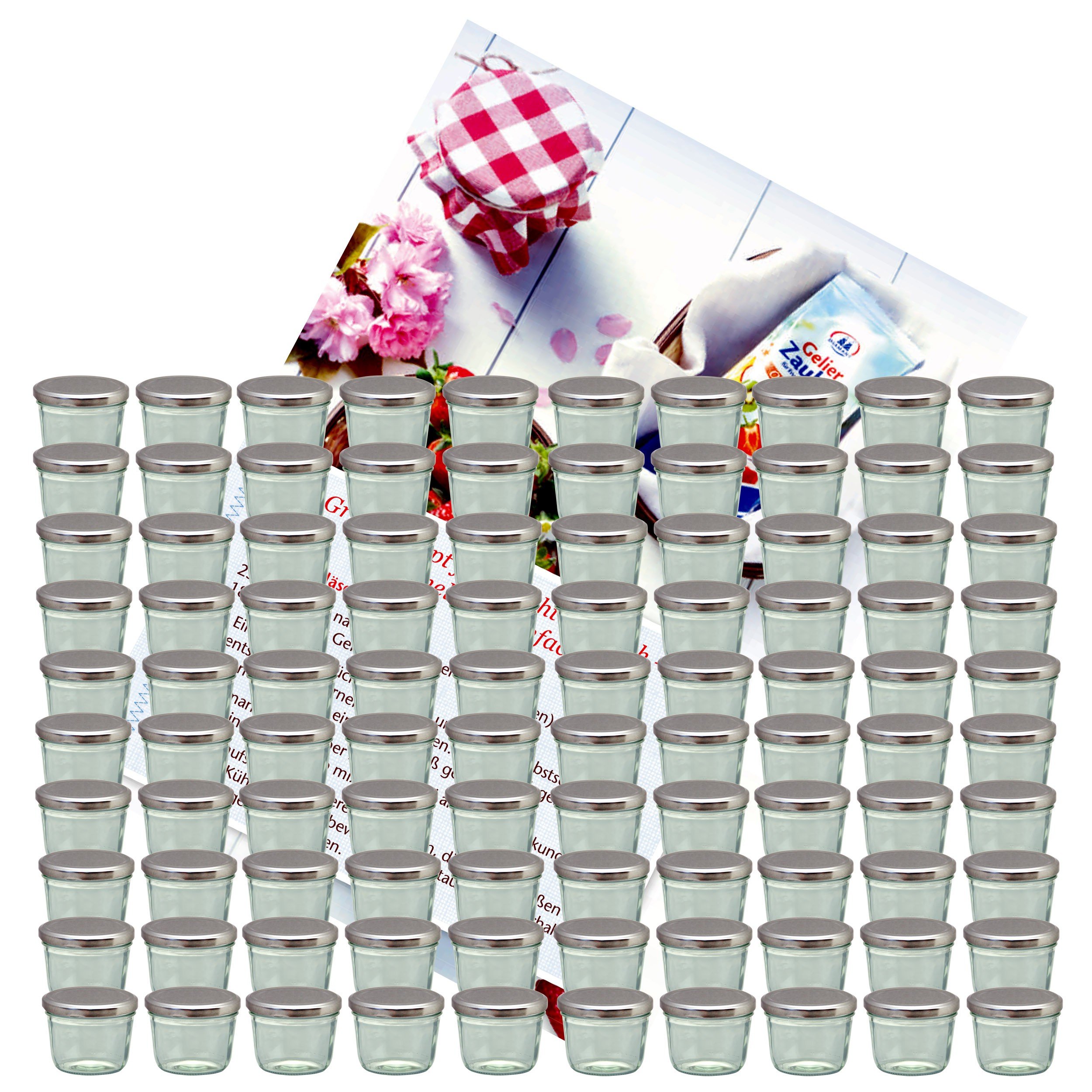 MamboCat Set van 100 potten 230 ml jampot inmaakpot inmaakpot wekpot To 82 zilveren deksel incl. Diamant Suiker Gelierzauber receptenboekje