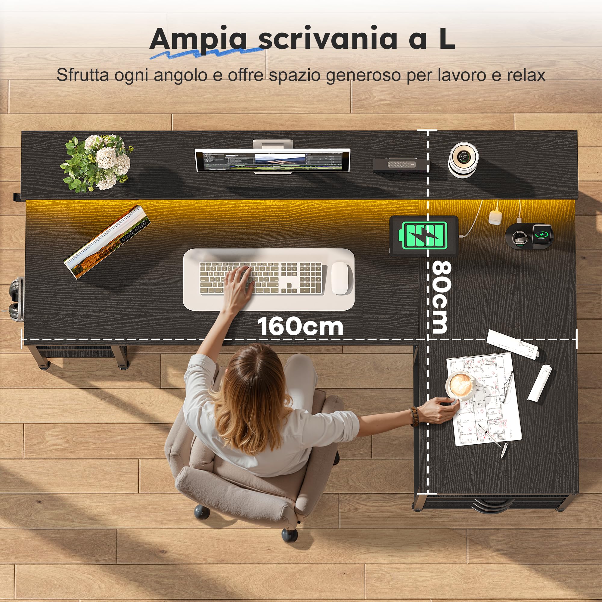 160x80cm Forma a L Gaming Scrivania Angolare con 3 Cassetti, LED, Reversibile Scrivania con Supporto per Monitor, 2 Presa 2 USB Integrata, Gancio per Lavorare, Gaming,Studiare,Homeoffice,Nero