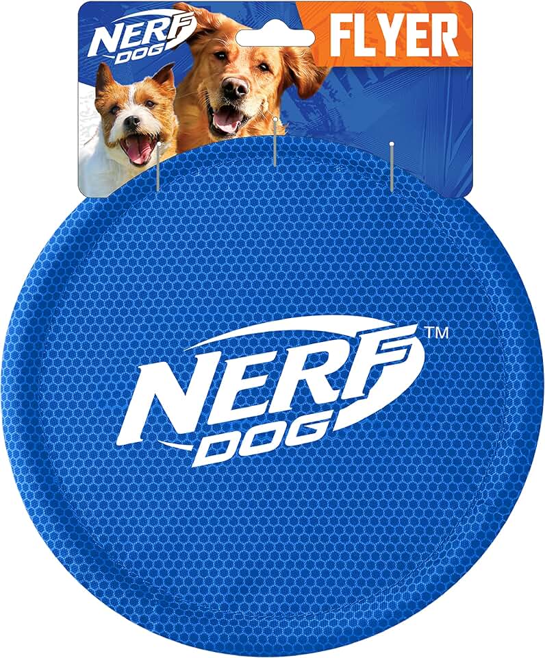 Nerf Dog Brinquedo para cães Flyer de nylon, Frisbee, leve, durável e resistente à água, ótimo para praia e piscina, 23 cm de diâmetro, para raças de médio/grande, unidade única, azul