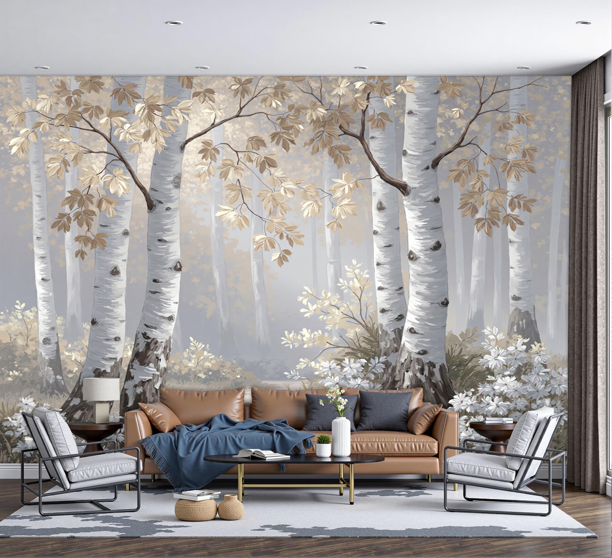 Papier peint panoramique forêt de bouleaux en soie 400x280cm pour grand mur de salon
