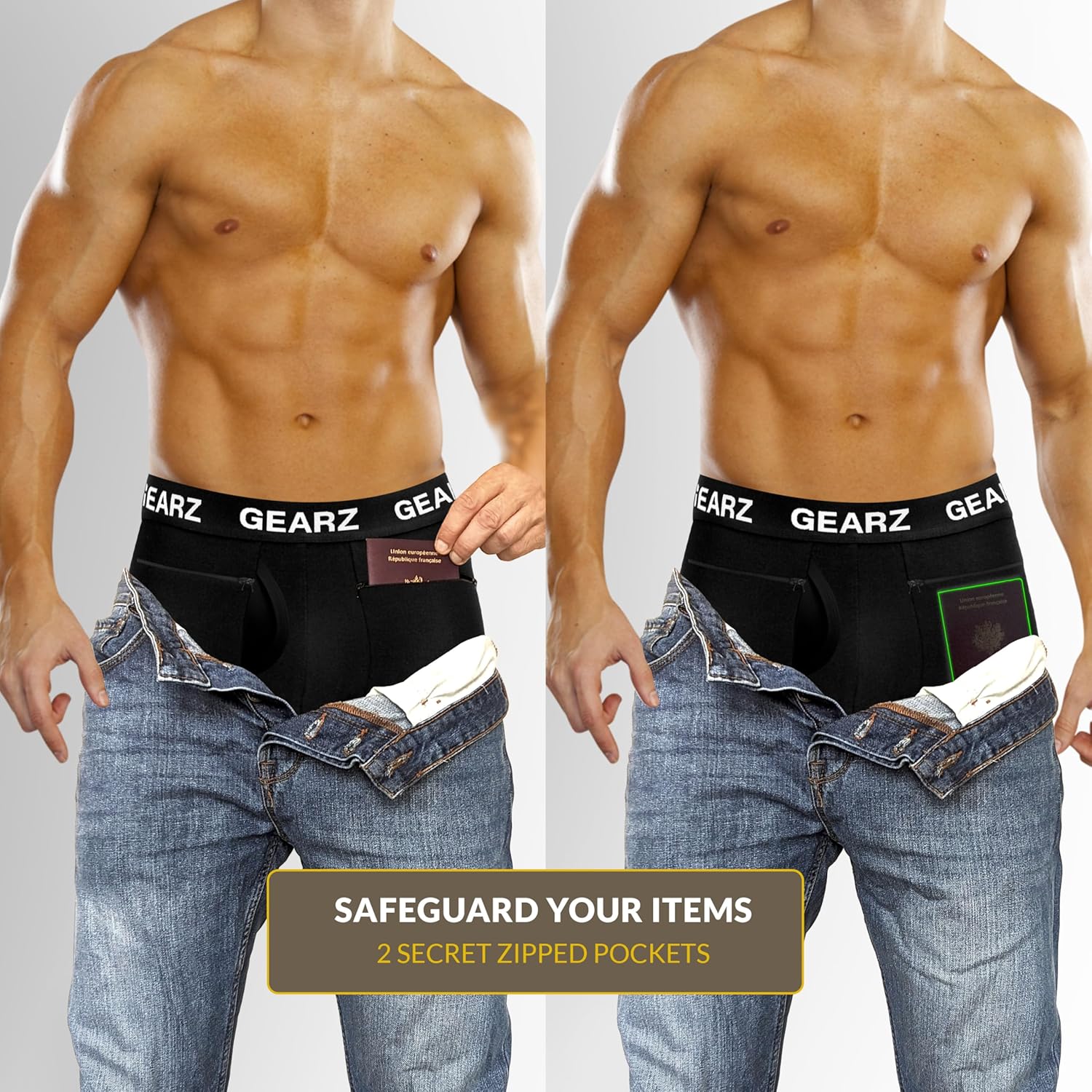 GEARZ 4 Packs Men's Hidden Pocket Boxer Briefs with Fly - Pickpocket Proof Travel Underwear Pockets - Anti Theft Wallet
