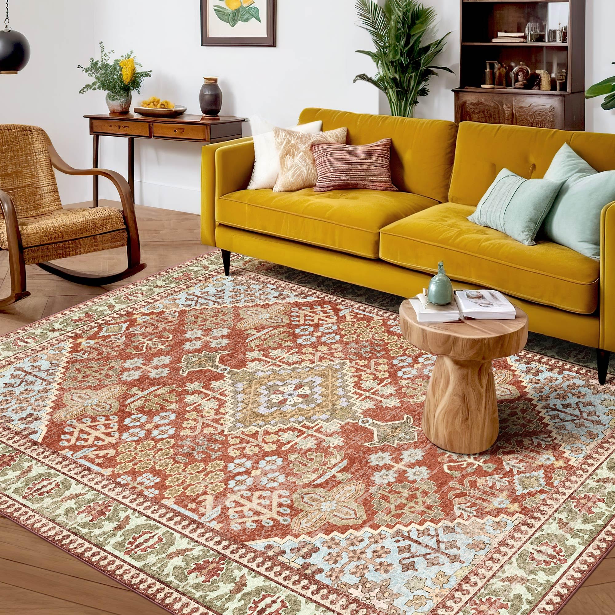 Kokia 5x7 Boho Machine Washable Low Pile Area Rugs for Living Room Orange