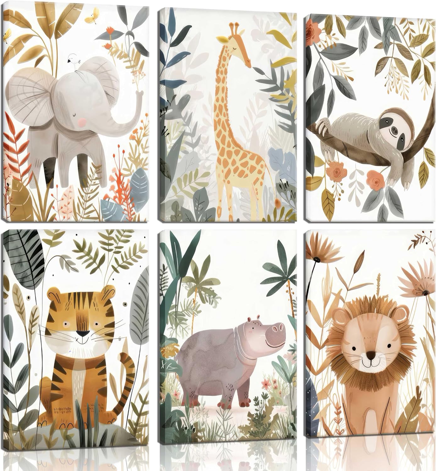 6Pcs Boho Baby Animals Wall Art Jungle Safari Canvas Paintings Cute Giraffe Elephant Lion Wall Decor Prints Inspirational Forest Animals Posters Pictures for Nursery kids Boys Bedroom Framed