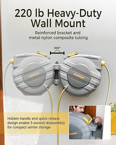 Miniatura 7 de GLAHODEN Carrete de manguera de jardín retráctil, 12 pulgada x 130 pies, resistente a los rayos UV, carrete de manguera de agua automático montado