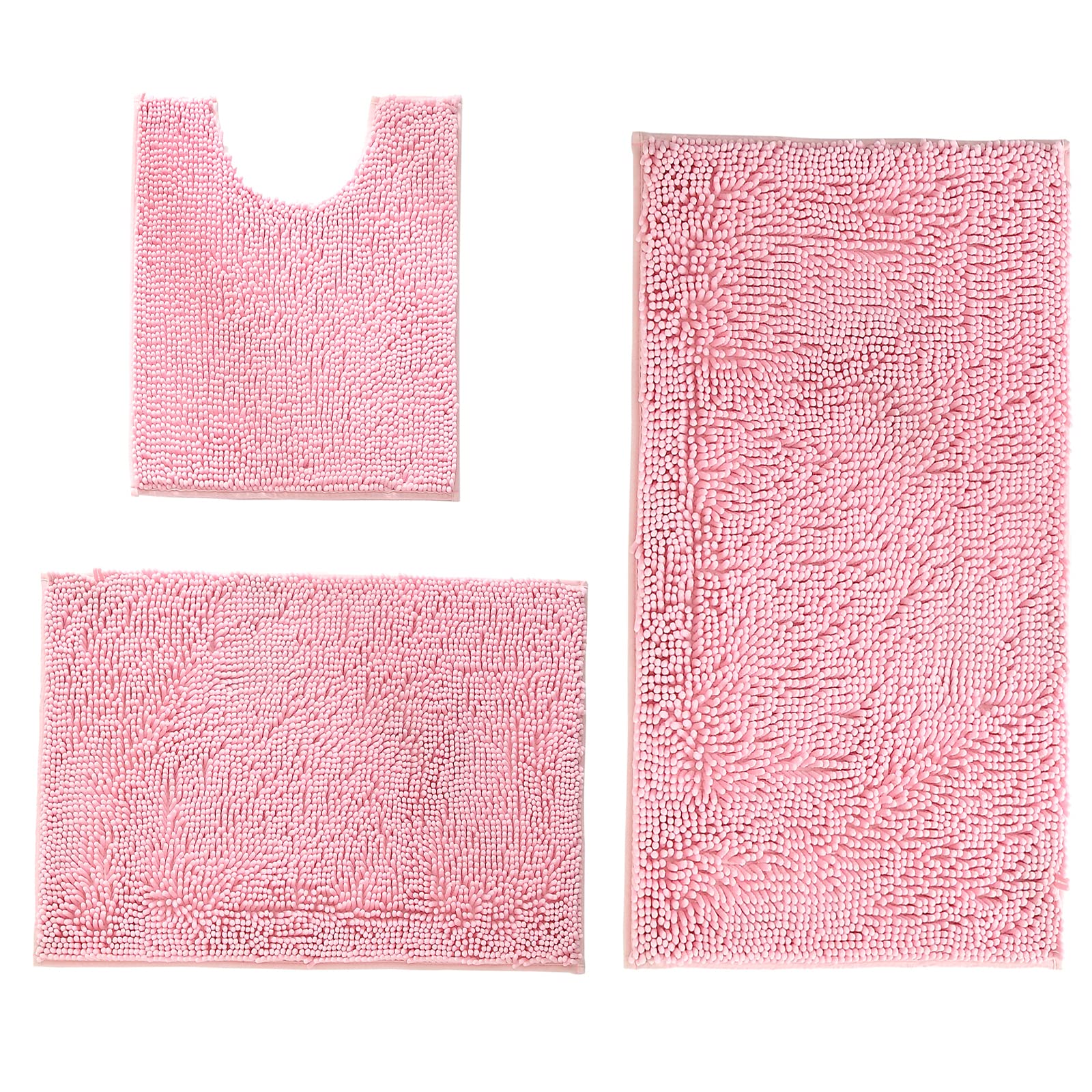 LanYunUmi Rugs for Bathroom Slip-Resistant Shag Chenille Bath Rugs Mat Extra Soft and Absorbent Bath Rug for Shower Room Machine-Washable Fast Dry (Pink, 20"x32"+17"x24"+20"x20"U)