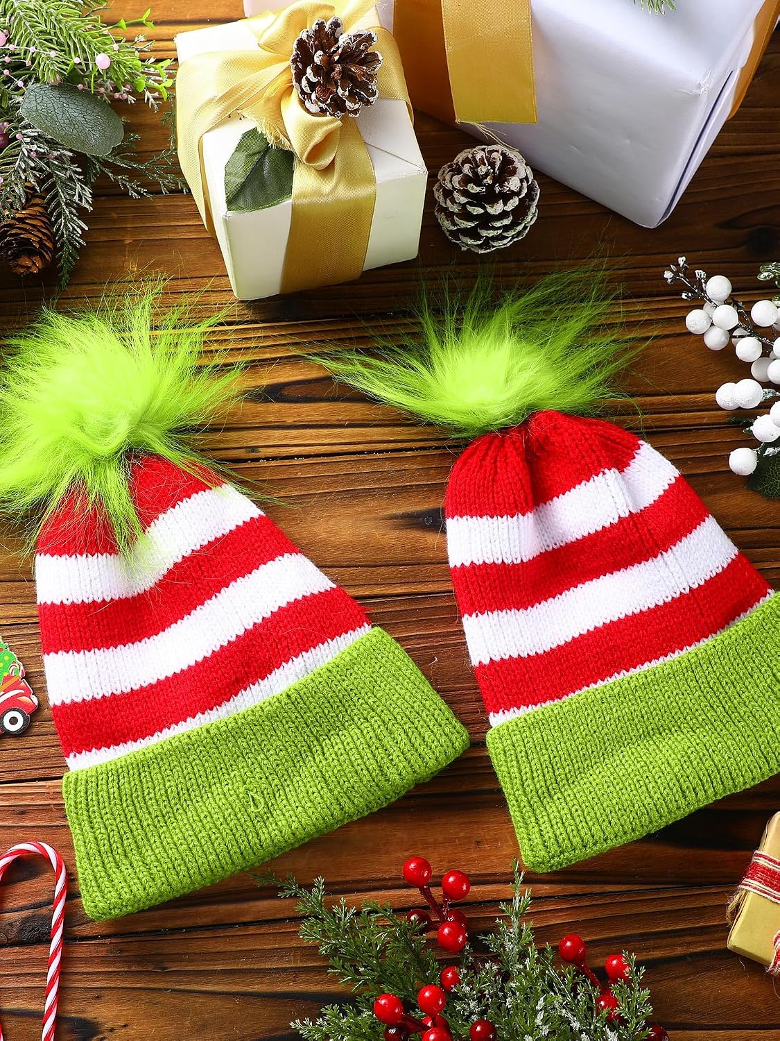 4 Pack Christmas Beanie With Pompom - Lime Green Knit Winter Warm Hat, Holiday Stocking Hat, Novelty Skull Cap Headwear Cuff for Adults, Women, Men - Christmas Accessories