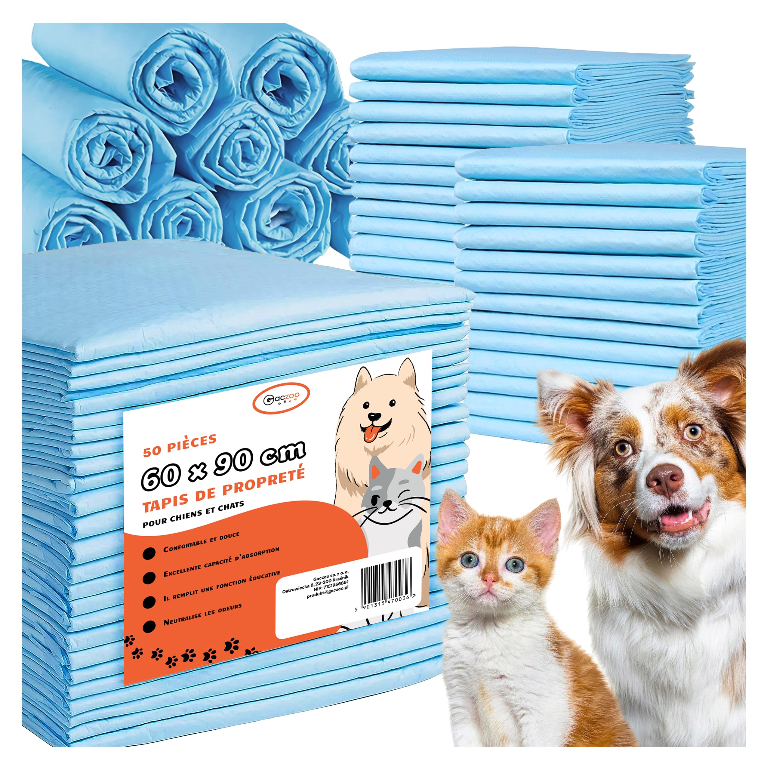 Alese jetable pour Chiots et Chats 60x90cm – Tapis Absorbant Chien – Pads d’Entraînement avec Gel Absorbant, Anti-fuites, Doux & Anti-odeurs – Capacité d’Absorption 350ml – Lot de 50