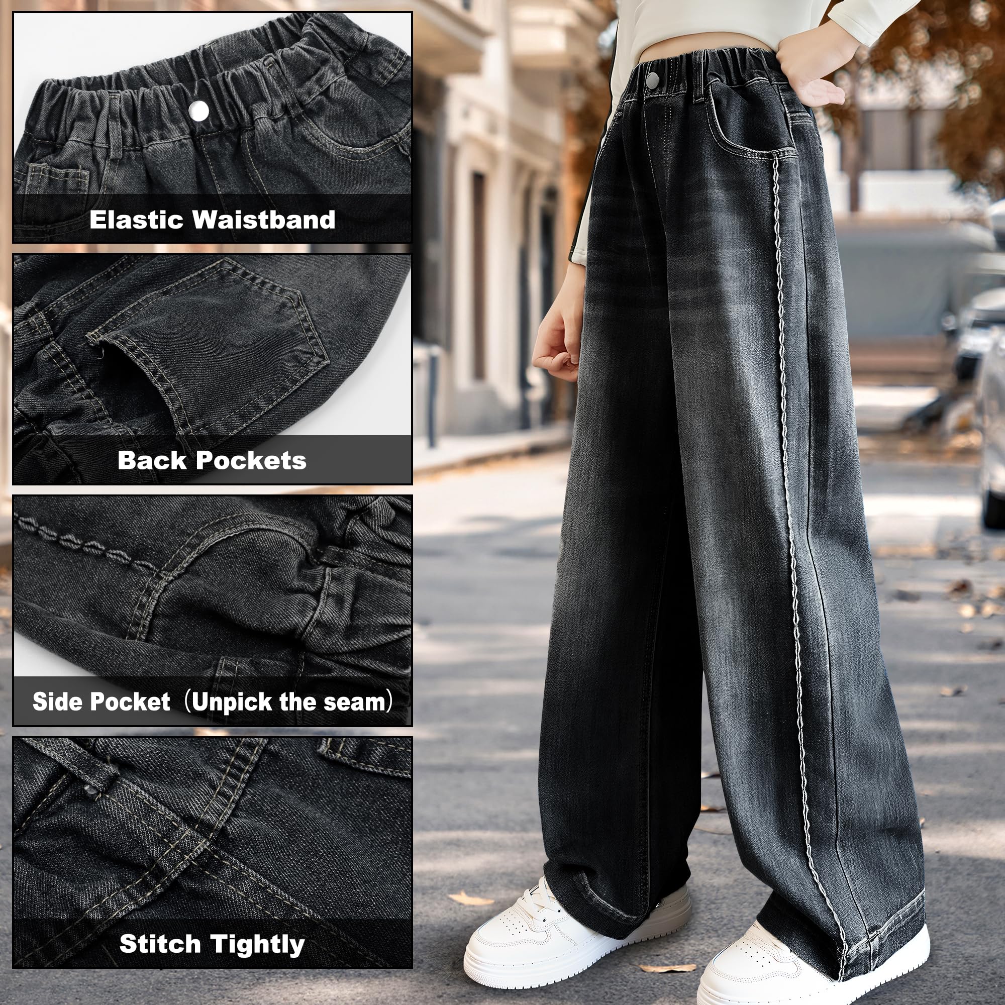 Jeans pour Filles Baggy Denim Pantalon Long avec Haute Taille Élastique, Loose Fit Doux Mode Casual Polyvalent Enfants Vetement Décontracté Ado Streetwear pour 7-14 Ans