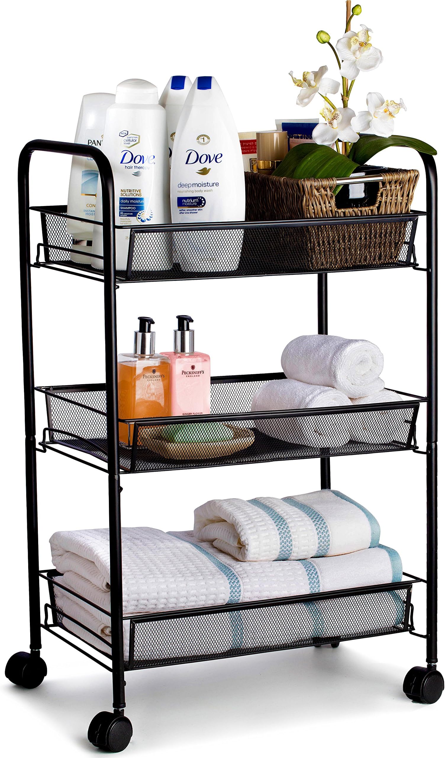 Metal Rolling Cart - These Utility Carts are Useful for Kitchen Pantry Food Storage, Bathroom Organization or as a Serving Trolley. Includes Lockable Wheels for Stability. (3-Tier, Black)