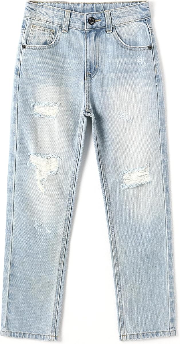 KIDSCOOL Jeans de pierna recta rasgados y deshilachados para niñas Pantalones de mezclilla suaves vintage | Vaqueros de mezclilla de pierna recta para niñas con sutiles detalles deshilachados, lavado vintage suave y cintura ajustable.