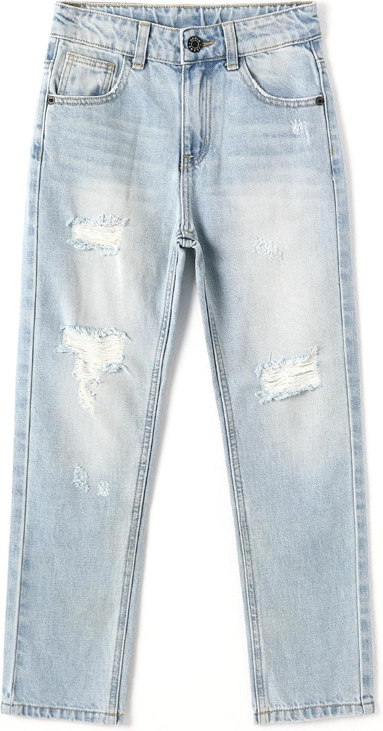 KIDSCOOL Girls Frayed Slim Ripped Straight Leg Jeans Vintage Denim Pants