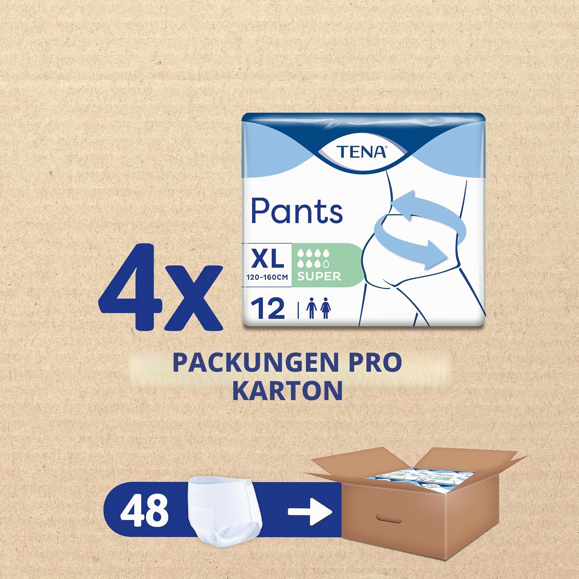 TENA Pants Super XL- 48 Pants im Monatspaket (4 x 12 Pants) - Einweghosen für Frauen und Männer - atmungsaktive Unisex Inkontinenzslips - bei Blasenschwäche und Harninkontinenz - Weiß, Größe XL