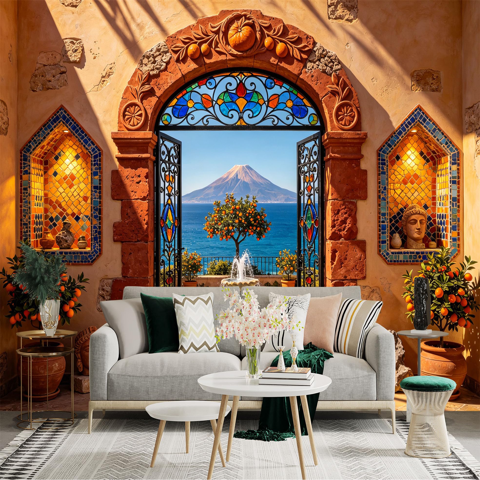 Custom Size Wall Sticker Mural， Mediterranean Courtyard with Fountain， Sea View and Mountain， for wall Decoration， peelandstick wall Decals.
