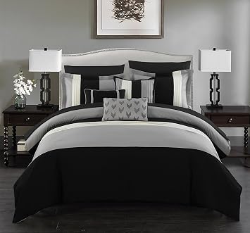 Chic Home Black Bed in a Bag Comforter Set, Queen Size 10 Pieces, Ayelet - Color Block Stripes Premium Microfiber Bedding - Comforter, Flat & Fitted Sheets, Shams, Pillowcases & Decorative Pillows