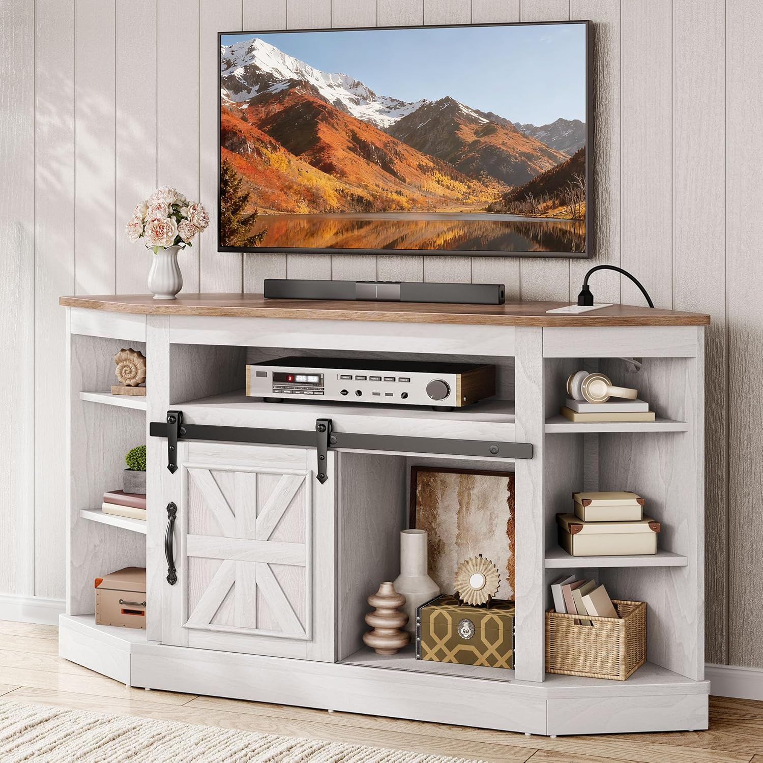 YITAHOME Corner TV Stand for 50 Inch TV, Farmhouse Entertainment Center with Storage & Power Outlet, TV Console Cabinet and Sliding Barn Door for Living Room, Grey Wash & Grey White