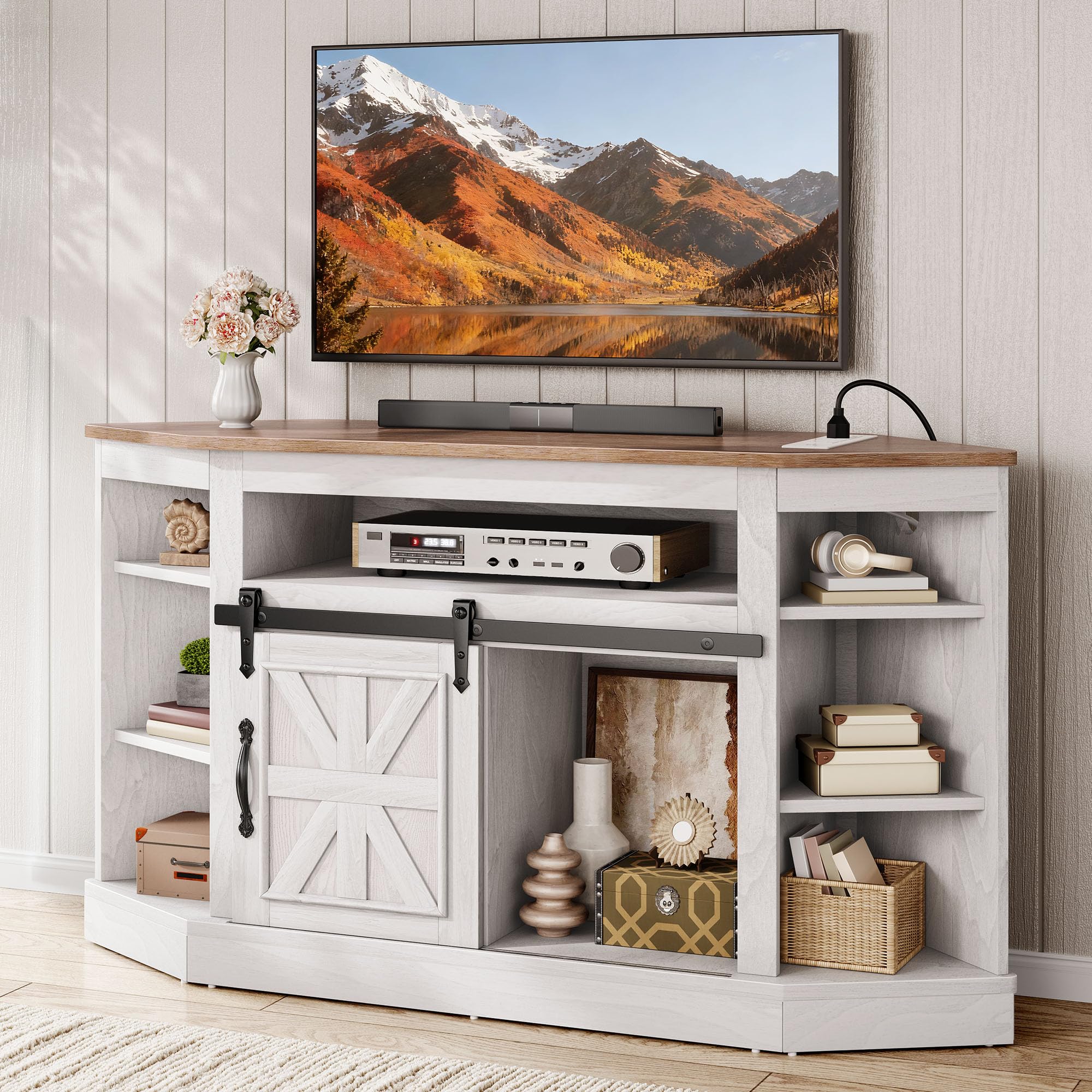 YITAHOME Corner TV Stand for 50 Inch TV, Farmhouse Entertainment Center with Storage & Power Outlet, TV Console Cabinet and Sliding Barn Door for