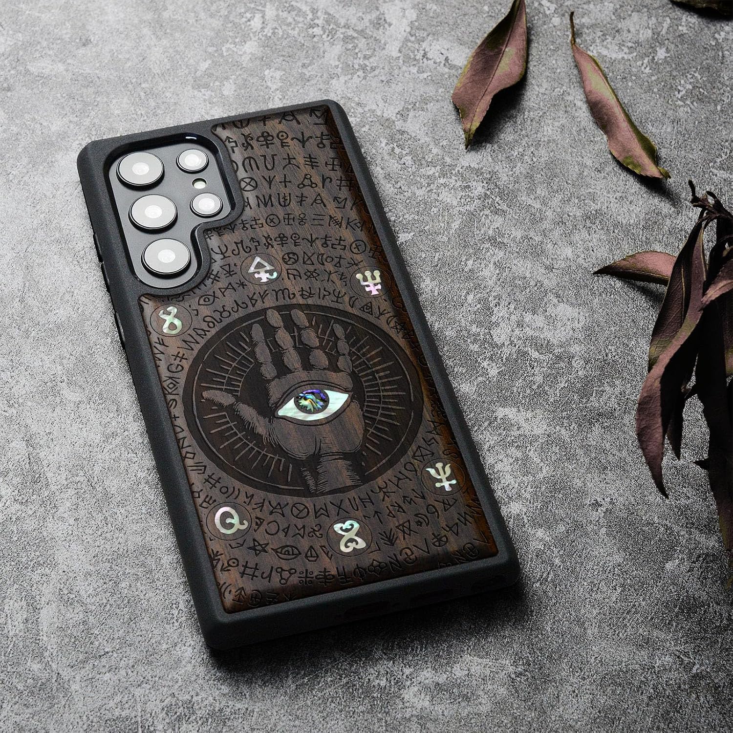 Carveit Designer Wooden Cover for Samsung Galaxy S22 Ultra Case [Wood Engraving & Shell Inlay] Compatible with Wireless Chargers S22 Ultra (All-Seeing Hand-Blackwood)