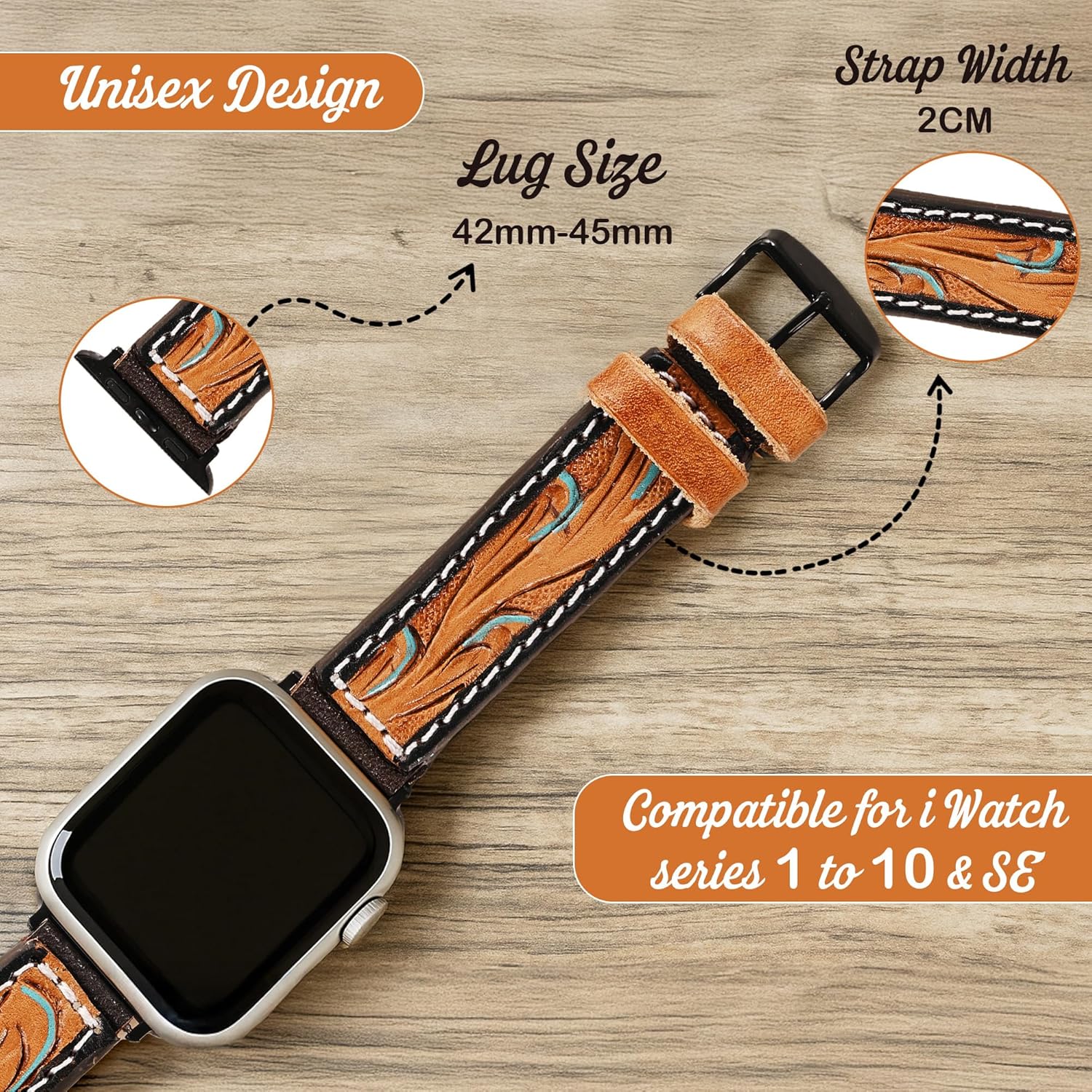 Merbaa Leather Watch Strap Band Compatible with Apple Watch Band 42/43/44/45mm Unisex, Boho Western Designer Hand Tooled Cow Hide Leather Strap for iWatch Series 10 9 8 7 6 5 4 3 2 1 SE - Image 6