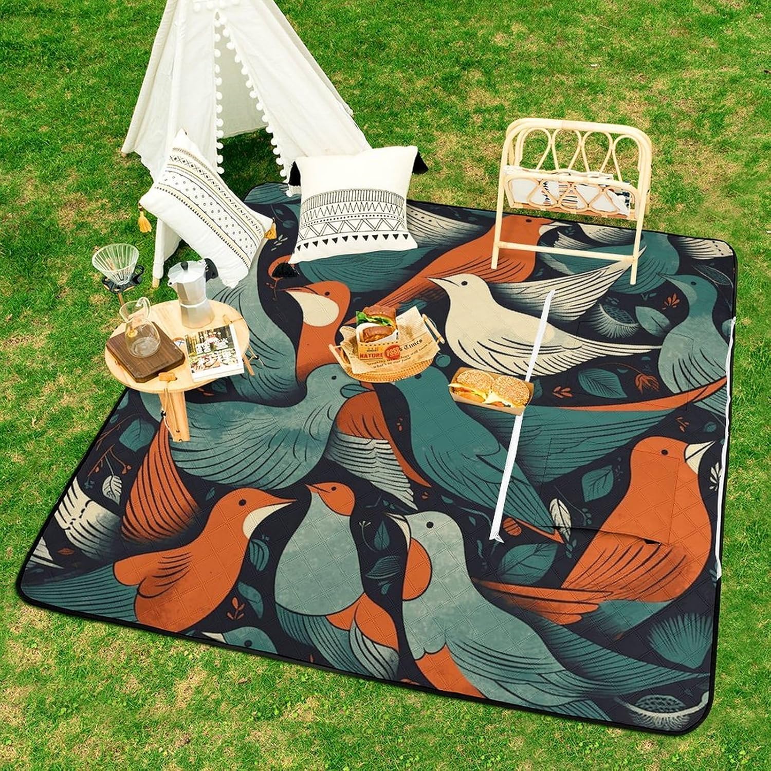 Flock of Birds Picnic Blanket with Zipper Water Resistant Sand Free Picnic Mat Washable Foldable Easy Carry Beach Blanket for Lawn Beach Hiking Camping