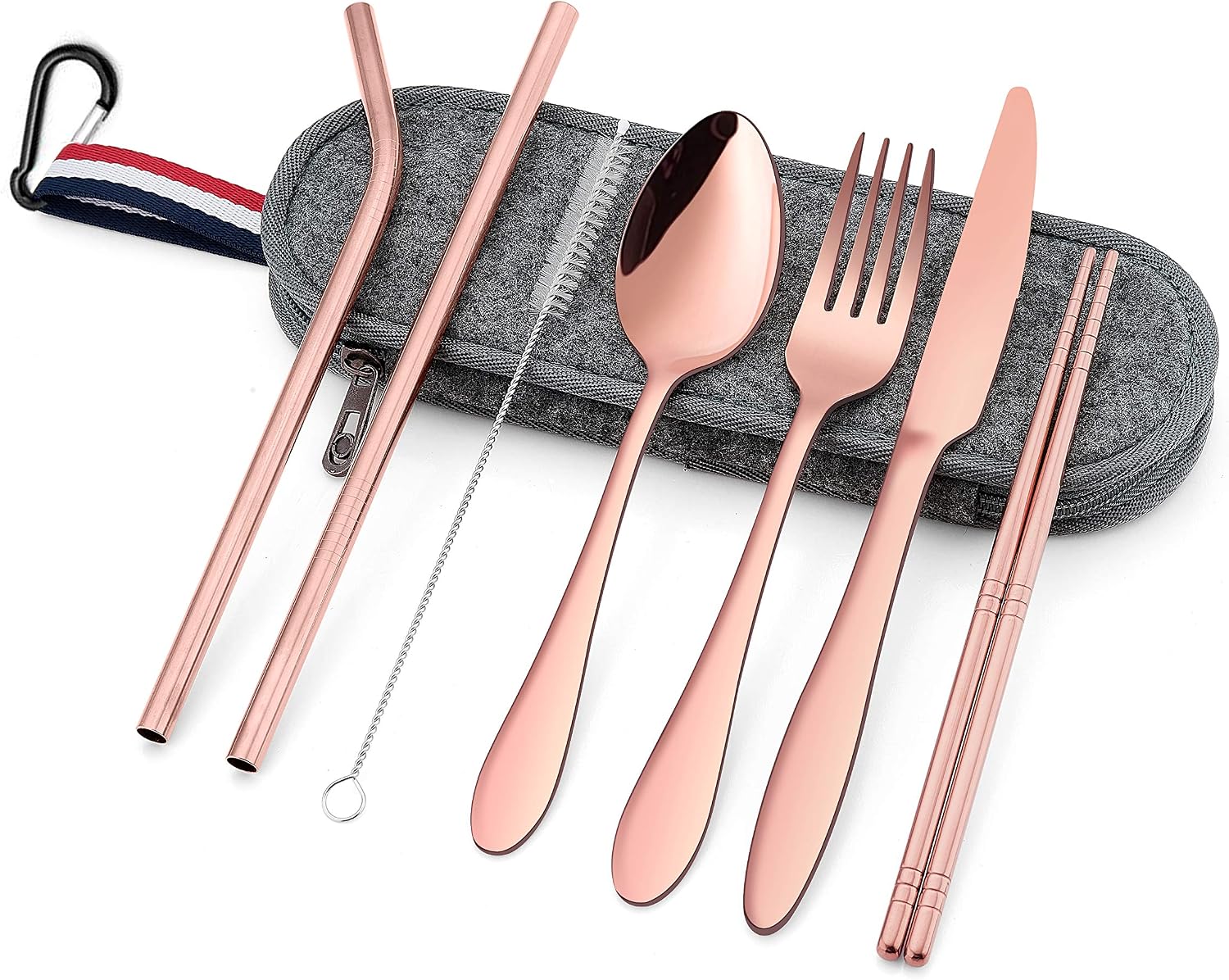 Travel Utensils with Case, HaWare Stainless Steel Portable Flatware Set, Reusable Camping Silverware Set, 8-Piece Cutlery Tableware Set Includes Knife, Spoon, Fork, Chopsticks, Straws, Cleaning Brush