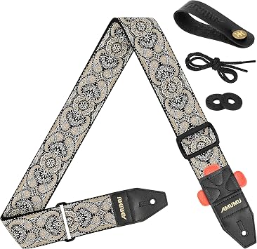 Amumu 2" Beige Regal Paisley Guitar Strap, Cotton Embroidery, Top-Grain Leather Ends with Pick Holder, for Acoustic, Electric, Bass Guitars Adjustable 36" to 59"
