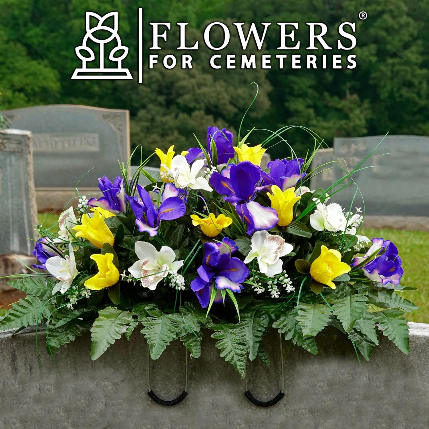 Sympathy Silks Artificial Cemetery Flowers - Yellow Tulip and Purple Iris (1) Headstone Saddle