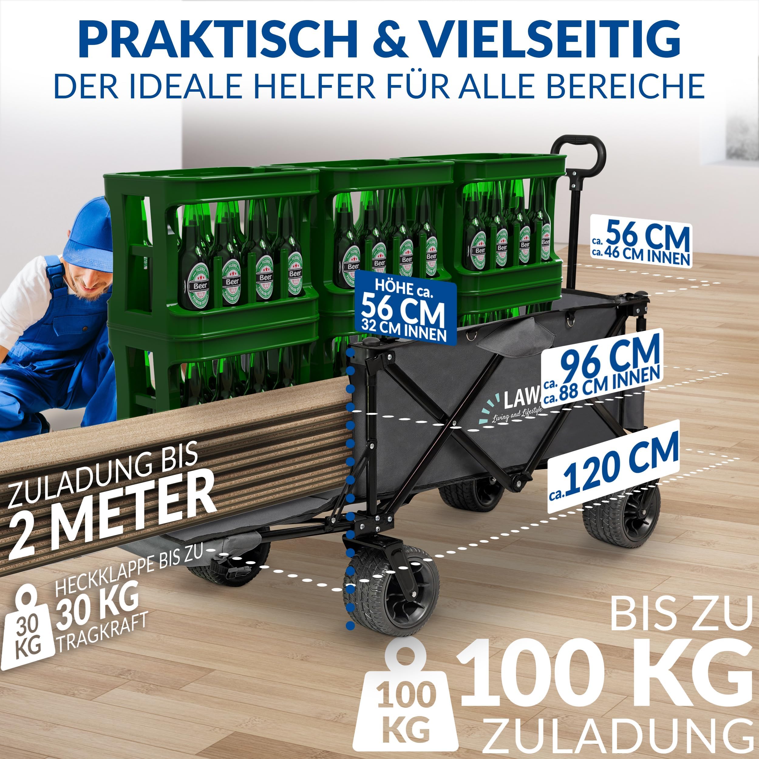 Carrello pieghevole per spiaggia e spesa con portellone posteriore, portata 100 kg, freno a pedale, ruote orientabili, maniglia estensibile